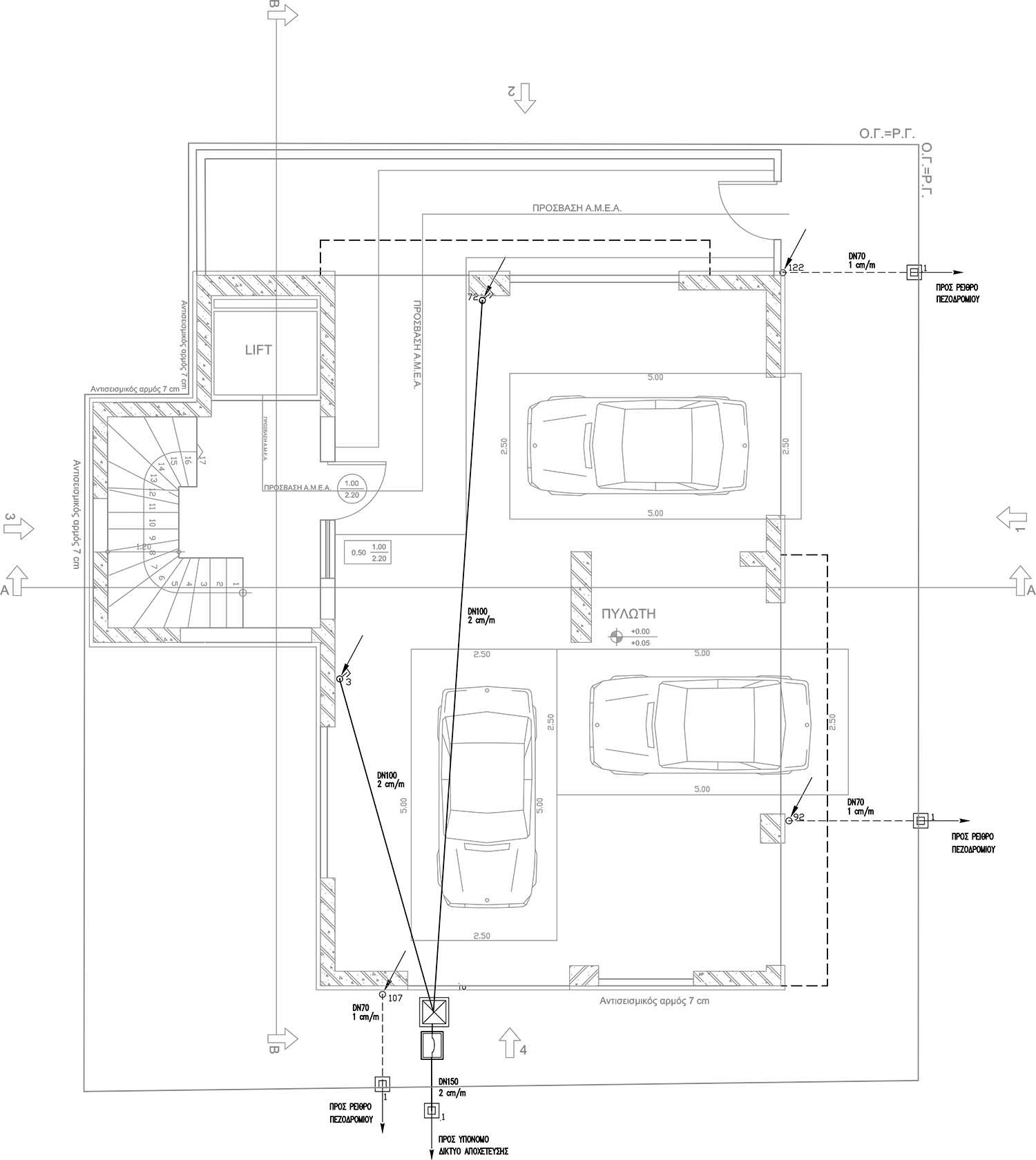 Σχέδιο αποχέτευσης κάτοψης ισογείου πολυκατοικίας από τον ηλεκτρολόγο μηχανικό Νικολαΐδη Παναγιώτη