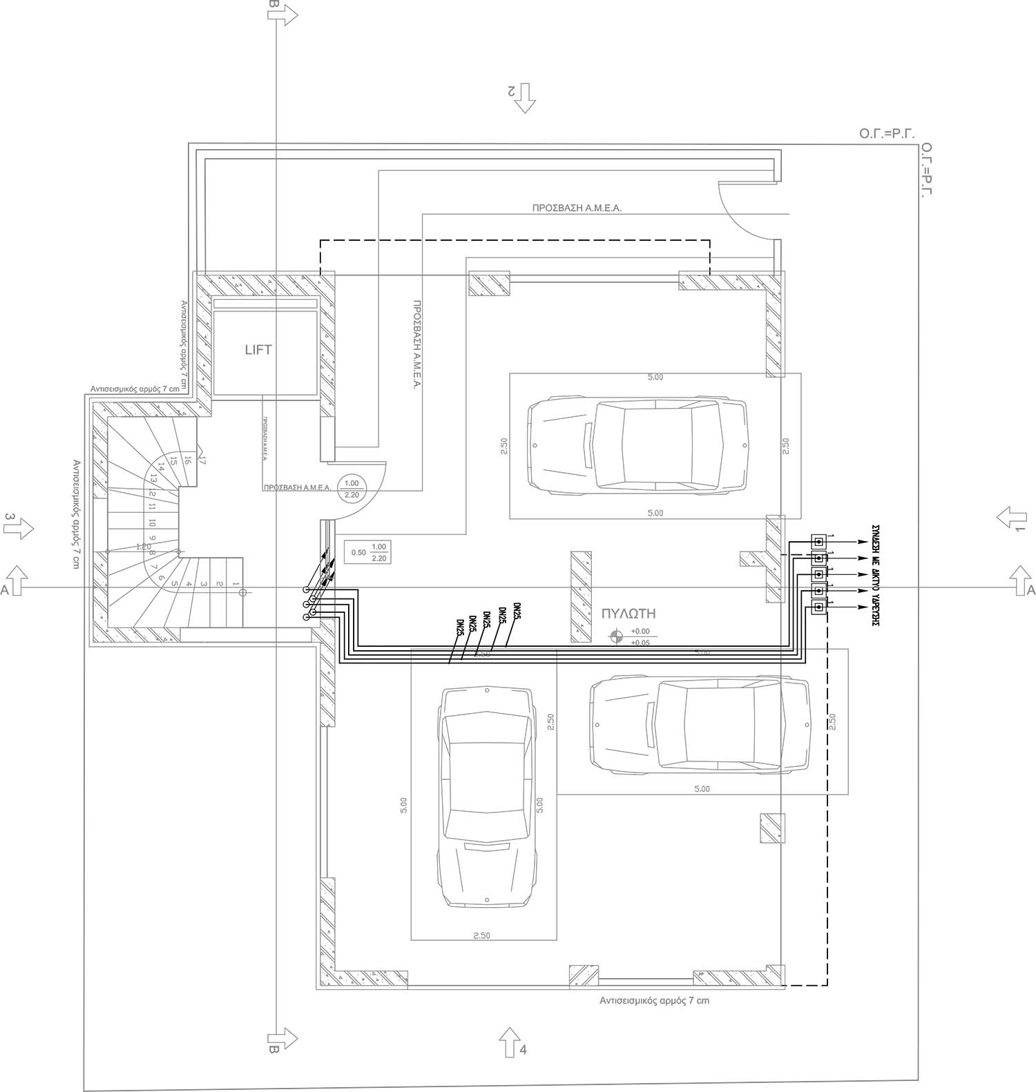 Σχέδιο ύδρευσης κάτοψης ισογείου πολυκατοικίας από τον ηλεκτρολόγο μηχανικό Νικολαΐδη Παναγιώτη